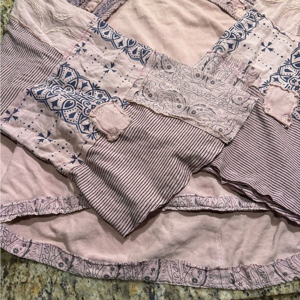 Free People Pink Patchwork Boho Blouse with Blue Print